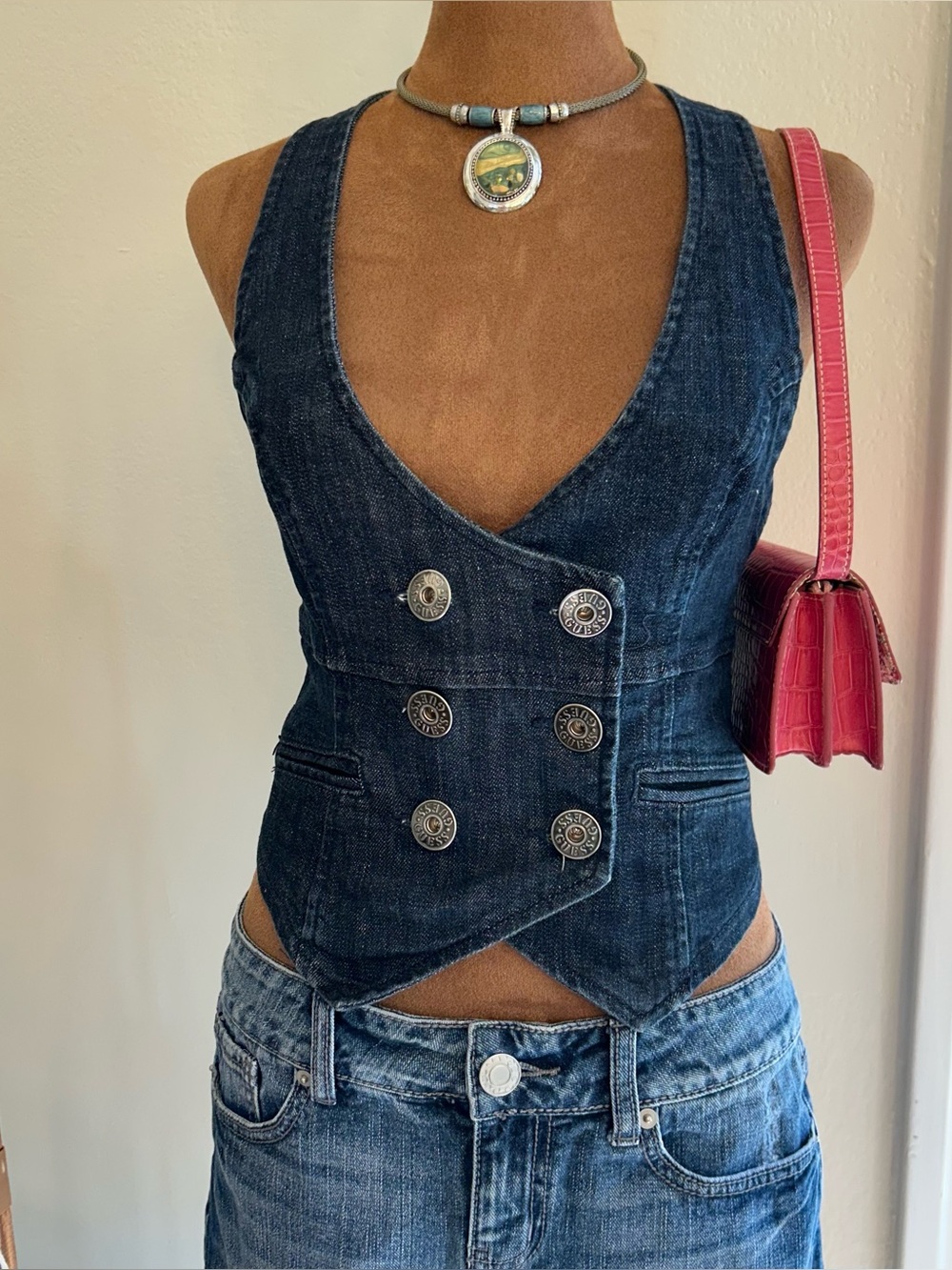Vintage Y2K Western Dark Wash Halter Neck Double Breasted Denim Vest by Guess